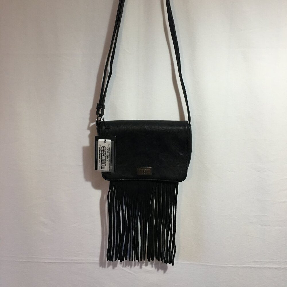Black Leather Fringe Crossbody Handbag